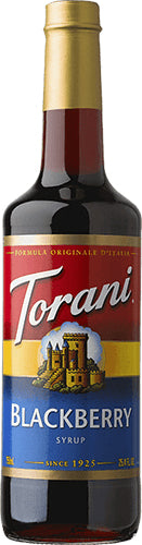 Torani glass bottle of blackberry syrup
