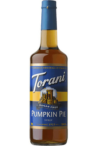 bottle of Torani Sugar Free Pumpkin Pie Syrup on white background.