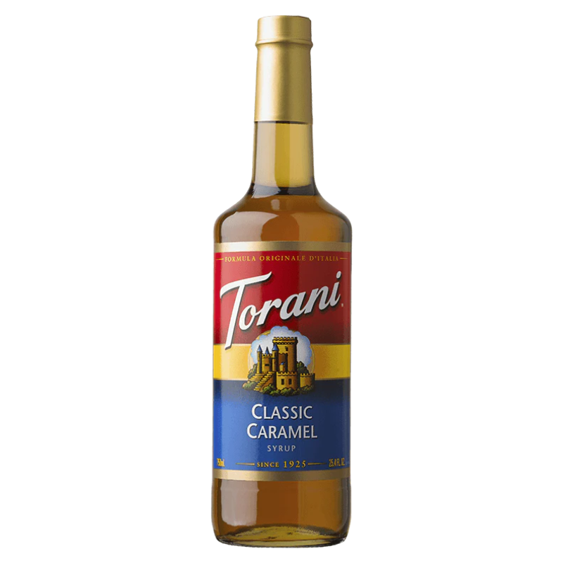 bottle of Torani Classic Caramel Syrup on white background.