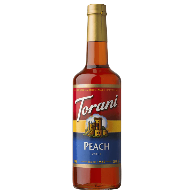 bottle of Torani Peach Syrup on white background.