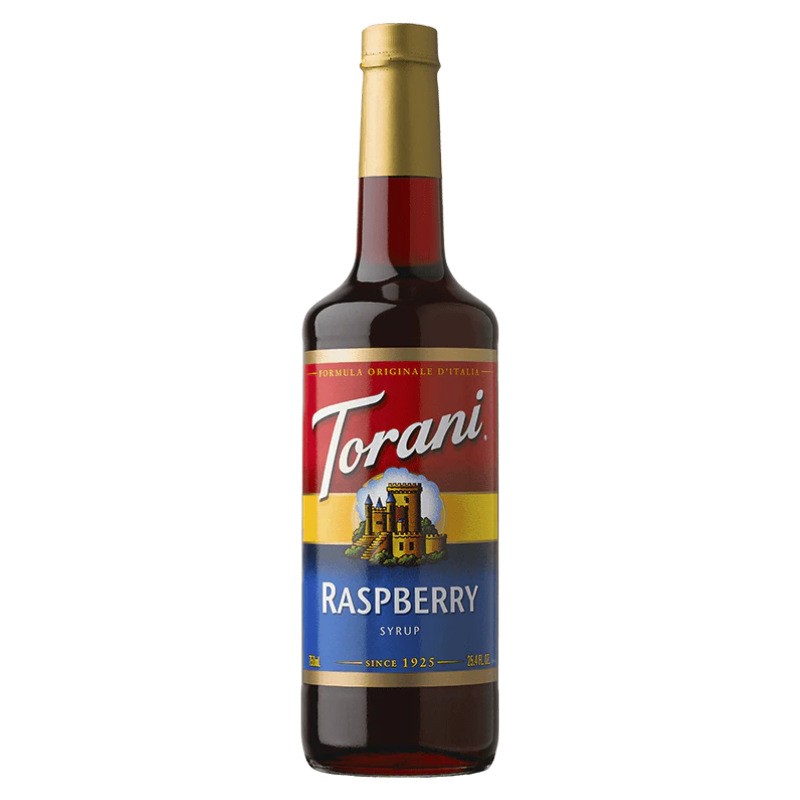 bottle of Torani Raspberry Syrup on white background.