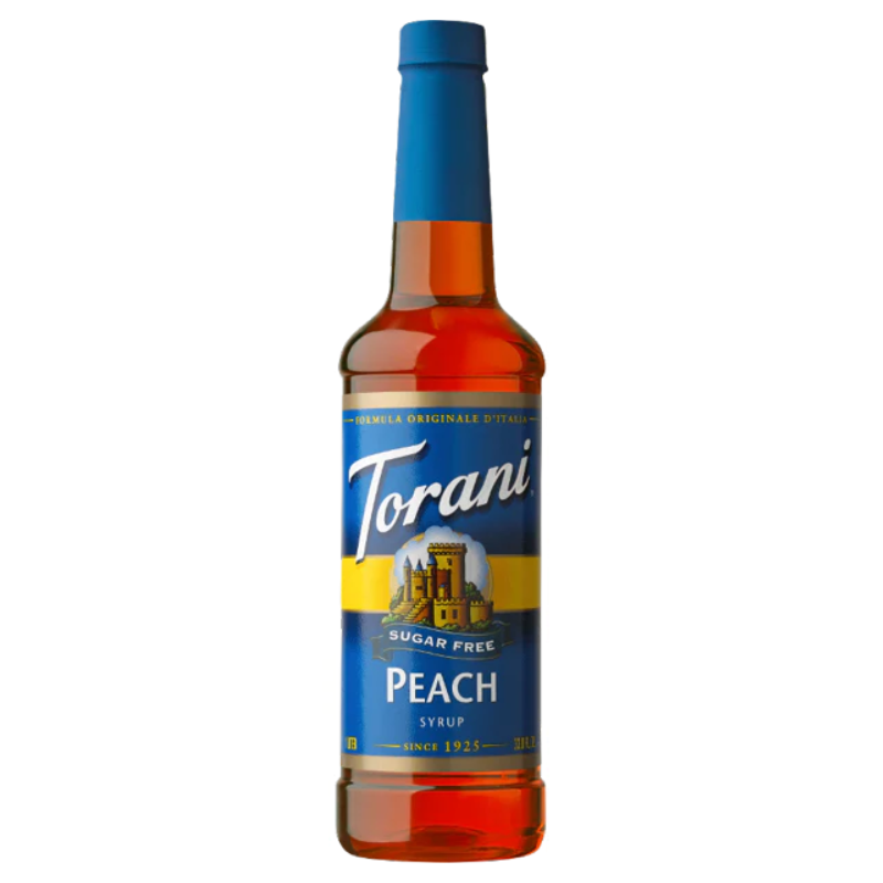 bottle of Torani Sugar Free Peach Syrup on checkered background.