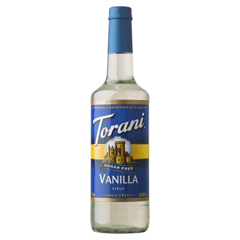 bottle of Torani Sugar Free Vanilla Syrup on white background.