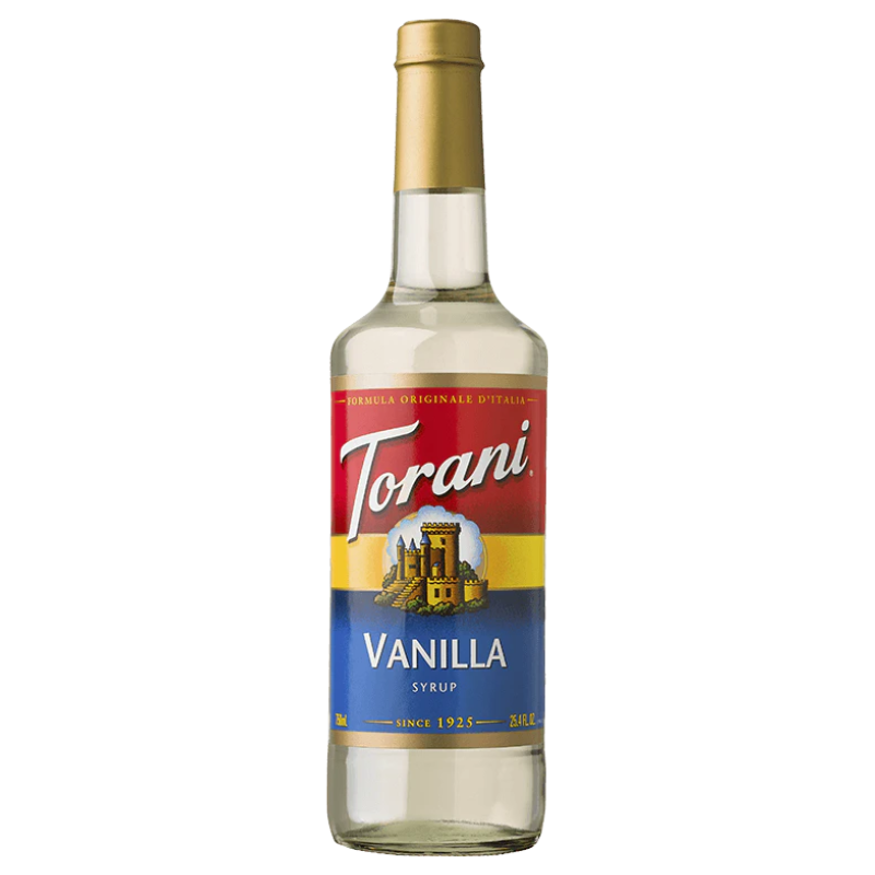 bottle of Torani Vanilla Syrup on white background.