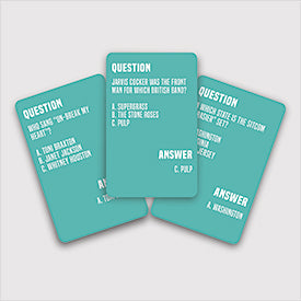 three totally 90s trivia cards on a white background