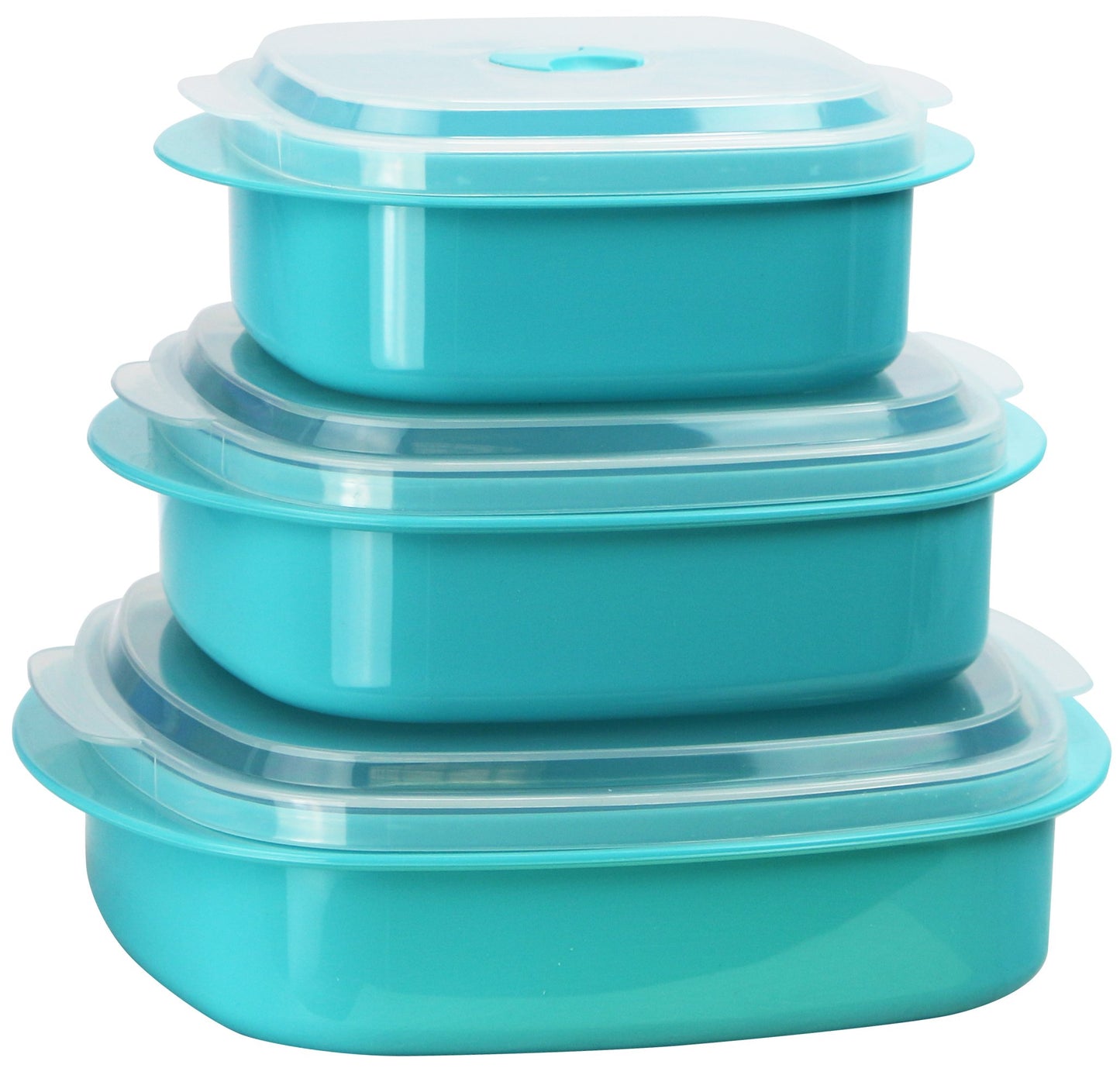 stack of 3 turquoise storage containers with lids on white background.