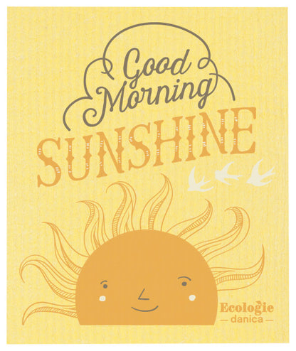 swedish dishcloth with yellow background, sunshine graphic, and "good morning sunshine" on it.
