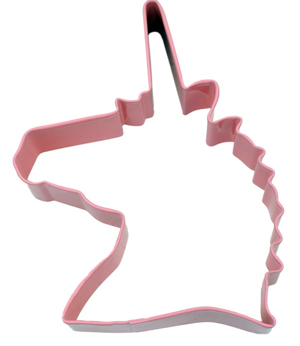 unicorn head shaped pink metal cookie cutter.