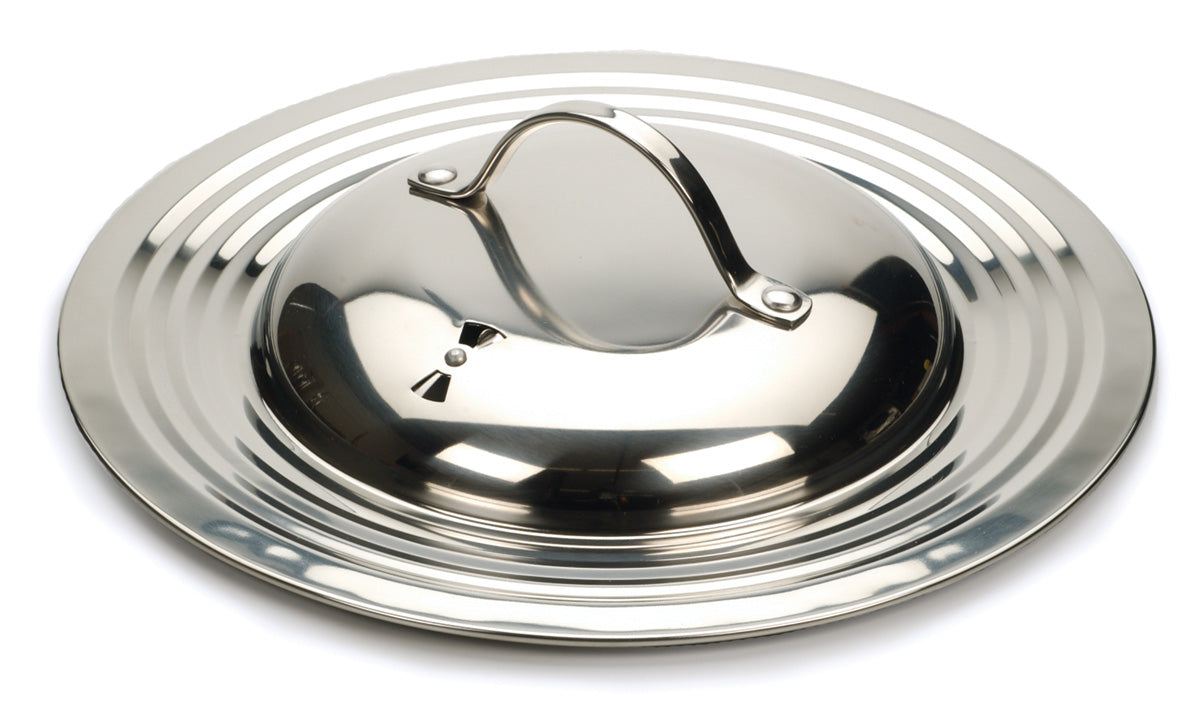 stainless steel pot lid on white background.