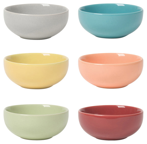 6 pinch bowls in solid colors: grey, blue, yellow, peach, green, and red.