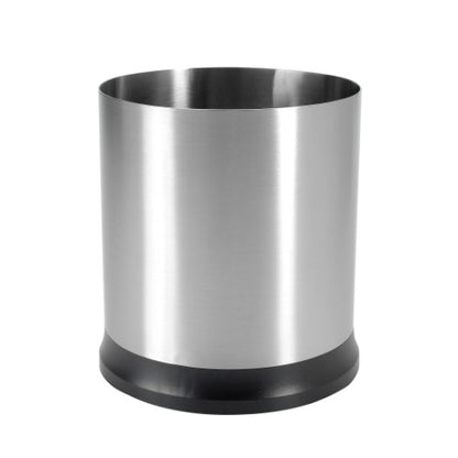 stainless steel crock with black base.