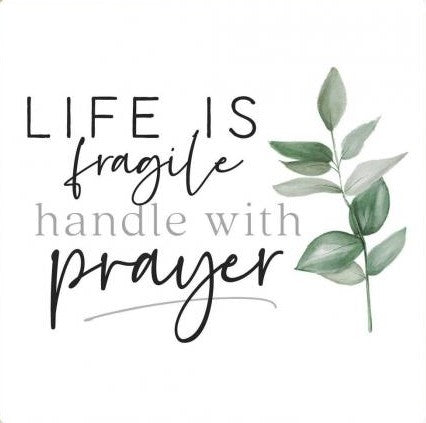 life is fragile coaster is white with a twig with leaves and black and gray text