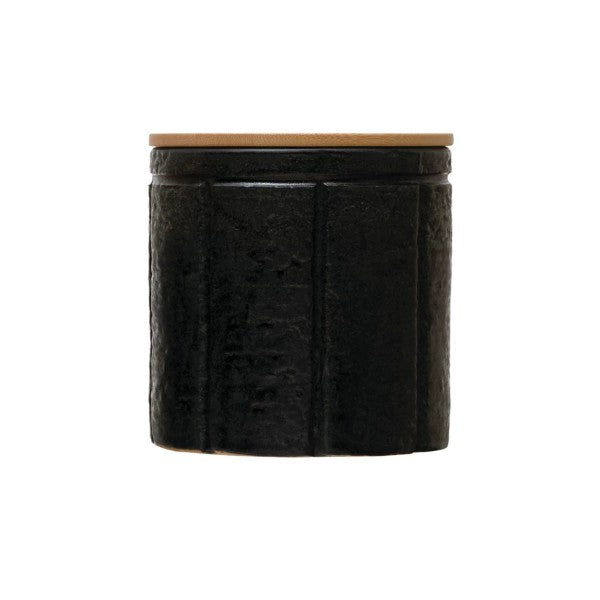 stoneware canister with bamboo lid on a white backgroud