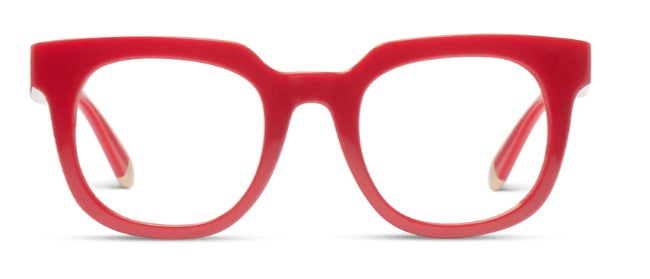 front view of red harlow glasses on a white background