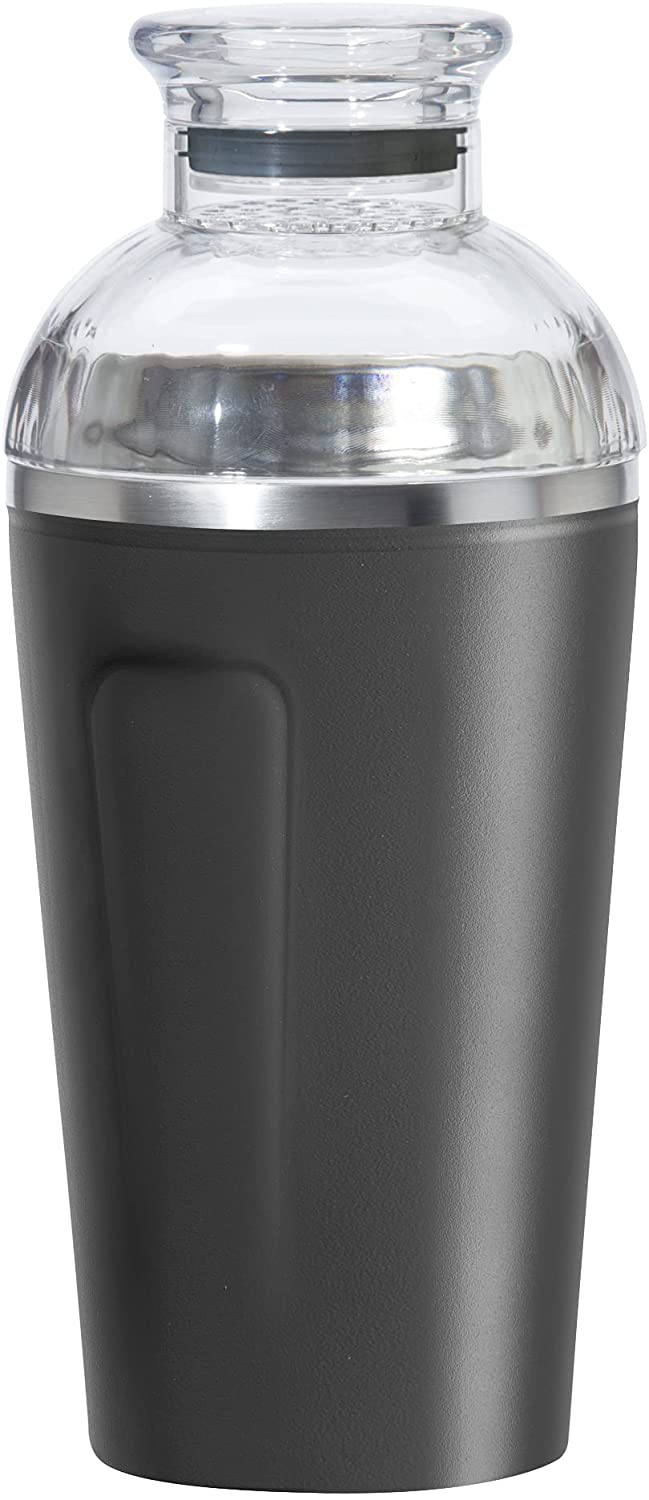 black cocktail shaker with clear lid.