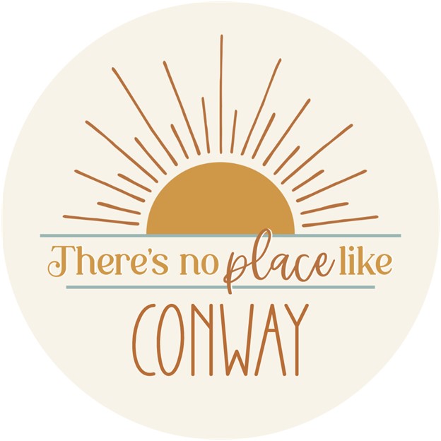 there's no place like conway car coaster is cream with a setting sun in gold and text in gold displayed on a white background