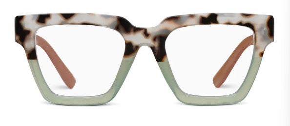 front view of chai tortoise and green glasses on a white background