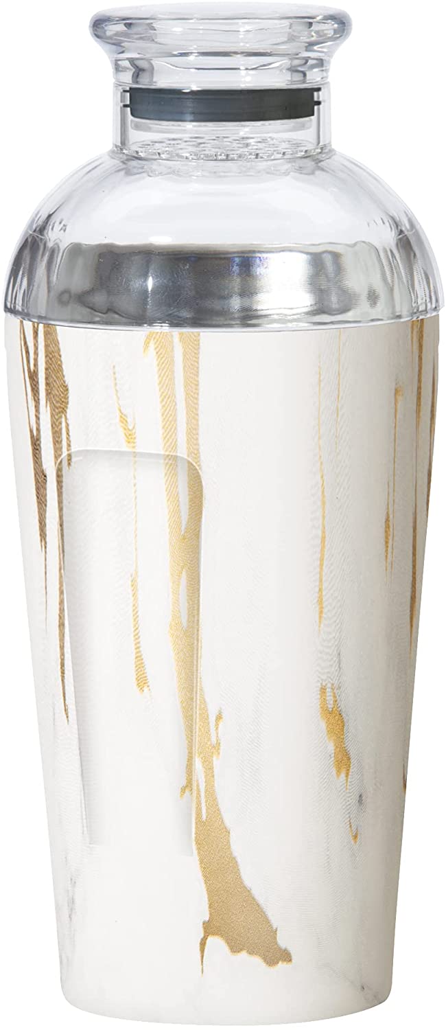 cocktail shaker with clear top and lid with a white and gold marbled base.