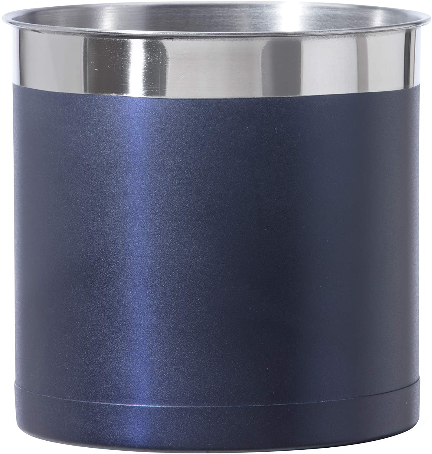 navy crock with stainless steel top rim.