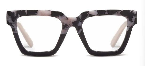 front view of black marble and black take a bow glasses on a white background