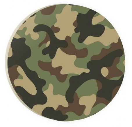 camo car coaster is black, brown, green, and tan displayed on a white background