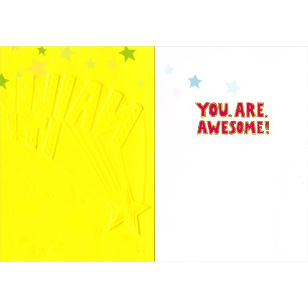 inside of card is yellow and white with inside text in large red letters