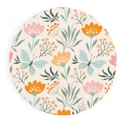 floral print round coaster is white with pink, and orange flowers, blue butterflies, and green leaves all over and displayed on a white background