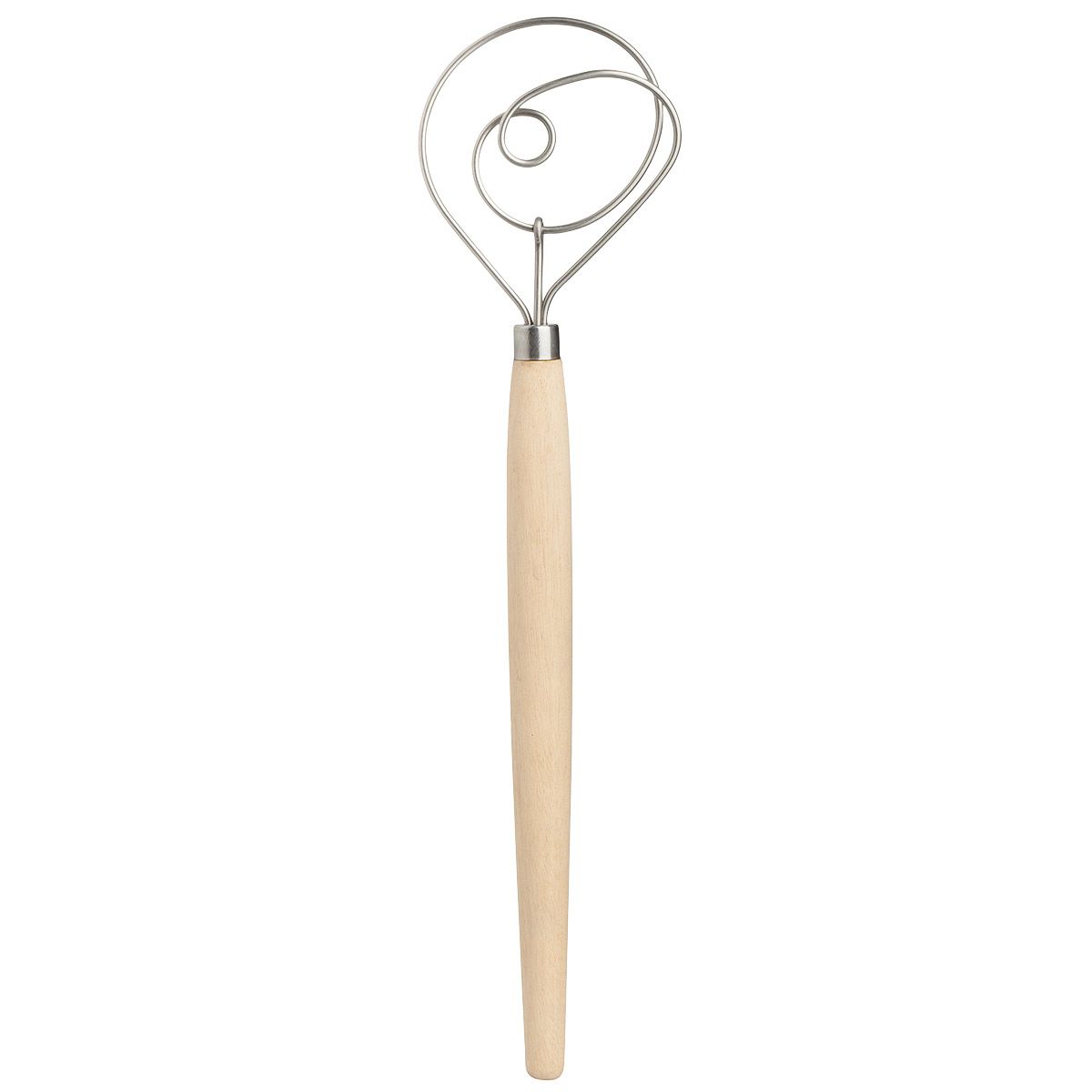 wood handled dough whisk on a white background