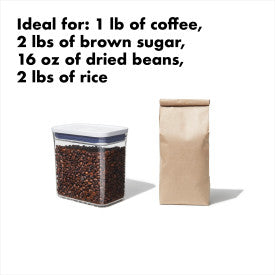 container filled with coffee beans and a bag of coffee with text "ideal for 1 lb coffee, 2 lb brown sugar, 16 oz dried beans, 2 lb rice".