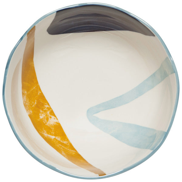 top view of the large canvas stamped bowl with white, yellow, and dark blue colors