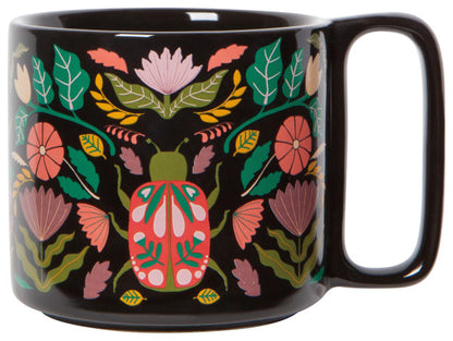 black amulet midi mug with scarabs and beetles in hues of pinks and greens