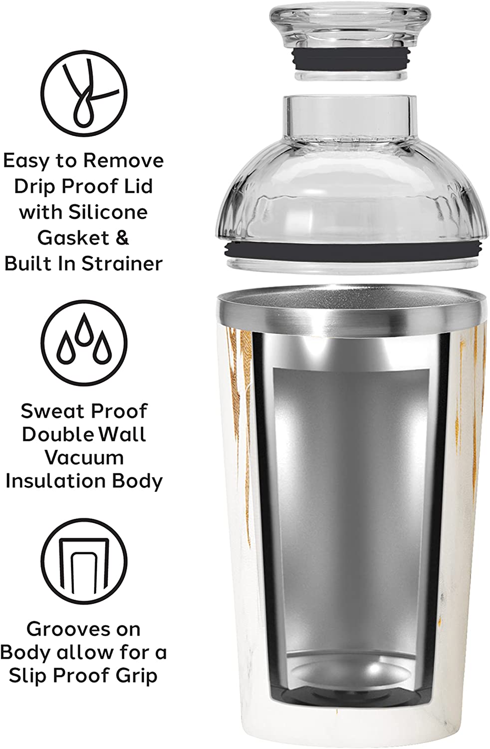 diagram of cocktail shaker showing its highlights.