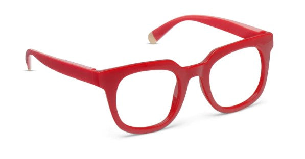 angled view of red harlow glasses on a white background