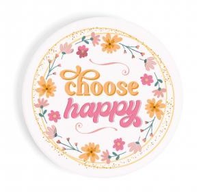 choose happy car coaster is white with a wreath of pink and orange flowers and choose happy text in pink and orange and displayed on a white background
