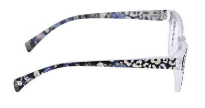 side view of white and leopard orchid island glasses on a white background 