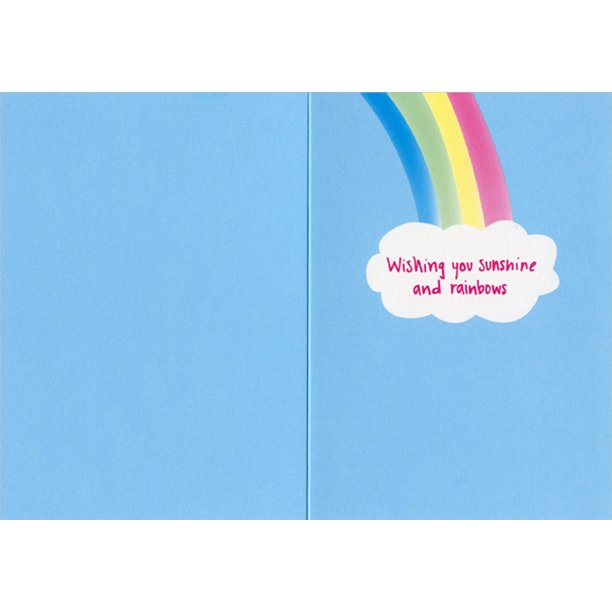 inside view of card is blue with a rainbow and a cloud filled with pink text