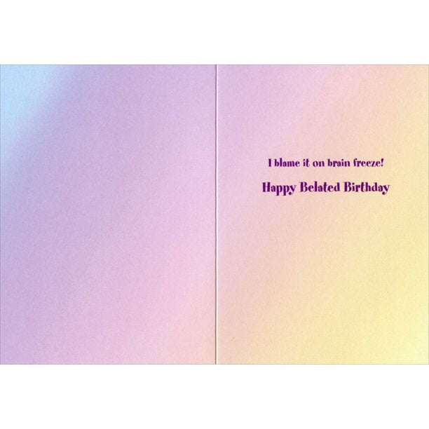 inside view of card is rainbow watercolor with purple text