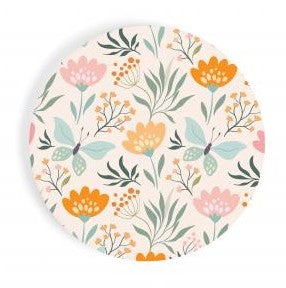 butterfly floral pattern car coaster is white with blue, pink, orange flowers and blue butterflies displayed on a white background