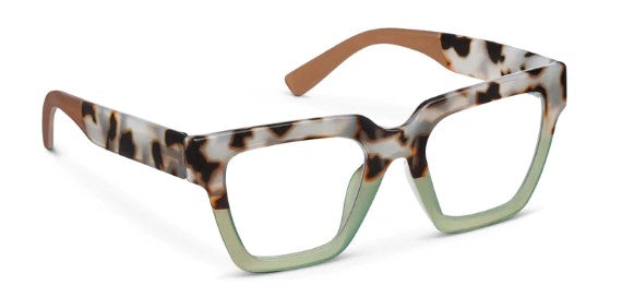 angled view of chai tortoise and green glasses on a white background