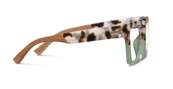 side view of chai tortoise and green glasses on a white background
