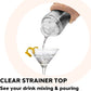 shaker pouring liquid into martini glass with text "clear strainer top see your drink mixing & pouring".