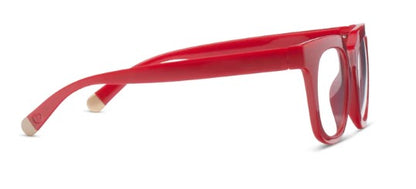side view of red harlow glasses on a white background