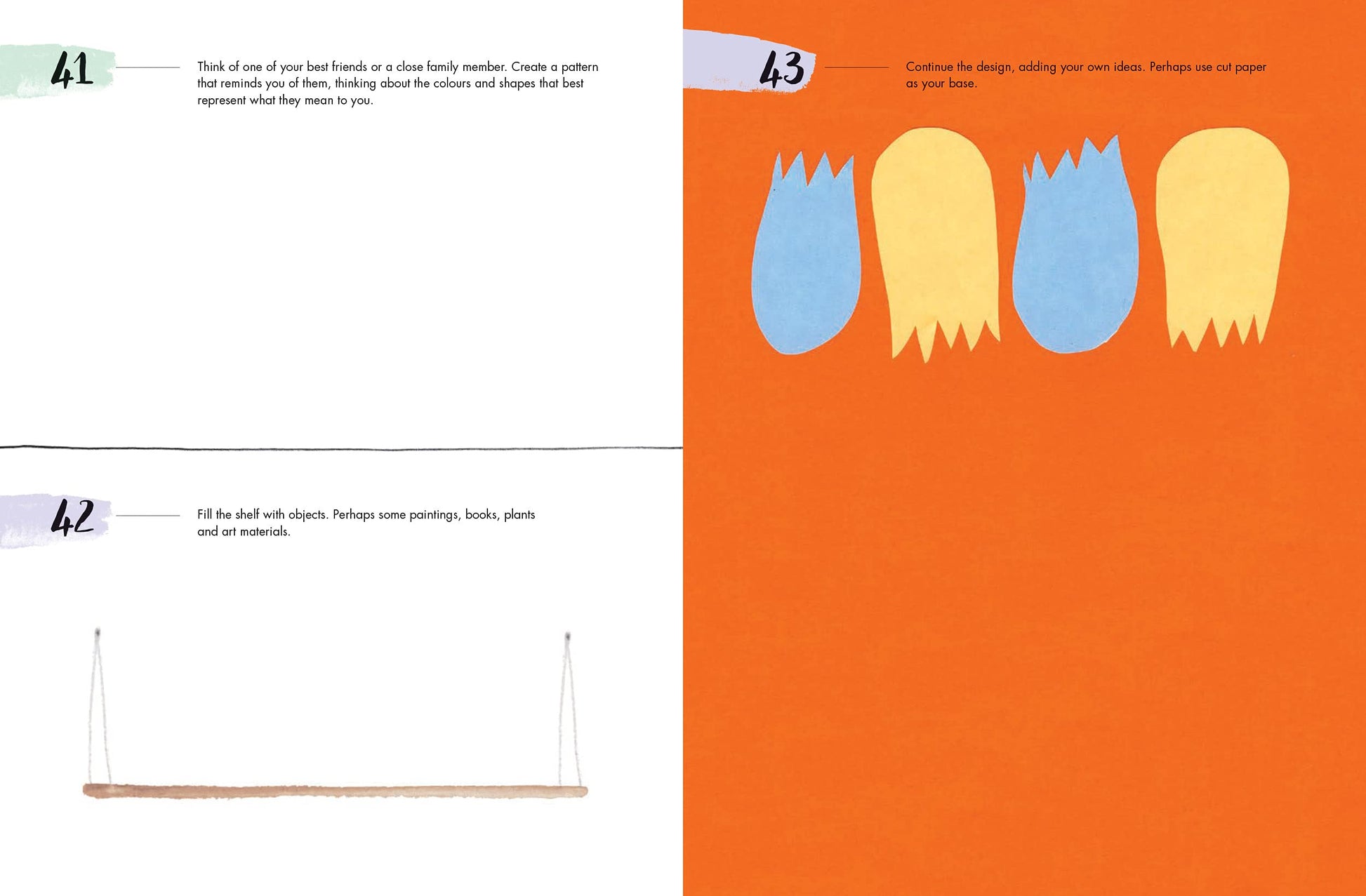 inside look with text, an orange page with blue and yellow color splotches 