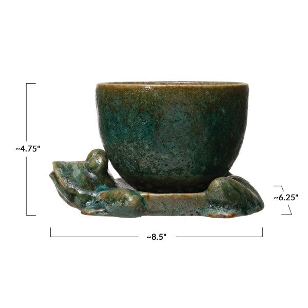 side view stoneware planter with frog base displayed against a white background with measurements listed in the description