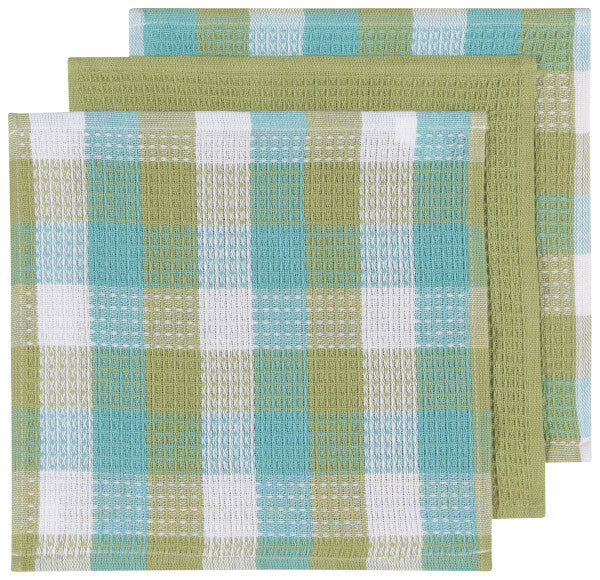 3 waffle weave dish clothes, 2 with green blue and white plaid design, the other is solid green.