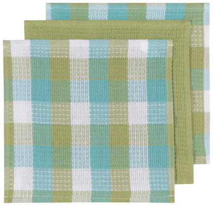 3 waffle weave dish clothes, 2 with green blue and white plaid design, the other is solid green.
