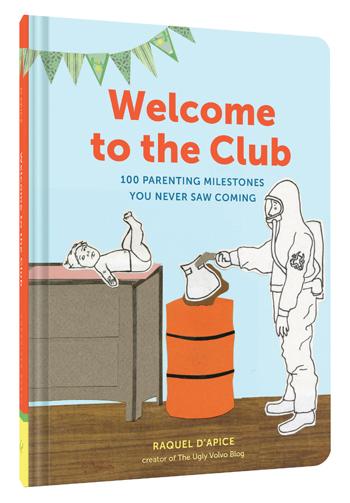 front cover of book with illustration of a person in a hazard suit about to change a diaper, title, and authors name
