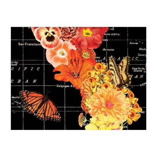 note card with orange flowers and butterfly map design.
