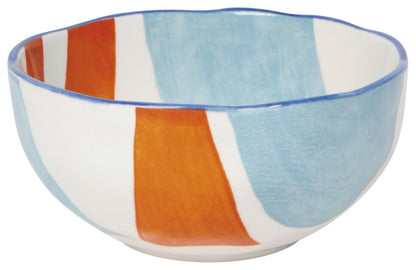 side view of the small canvas stamped bowl with orange, blue and white colors