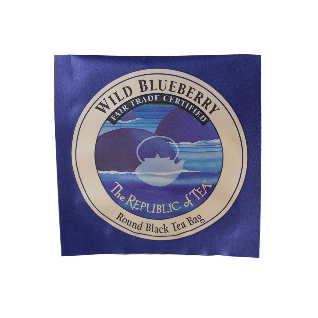 individual packet of wild blueberry black tea on a white background
